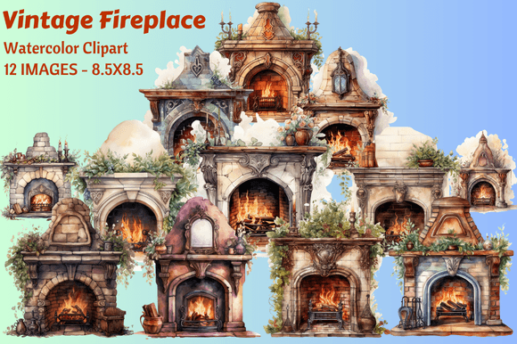 Download Vintage Fireplace Watercolor Clipart - Color Collection