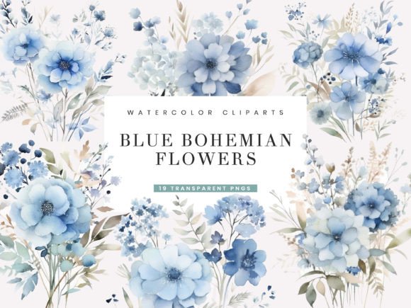 Download Watercolor Blue Bohemian Flower Clipart - Color Collection