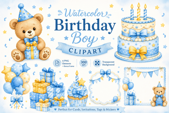 Download Watercolor Birthday Boy Card Elements - Color Collection