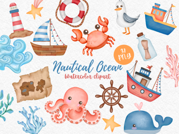 Download Nautical Ocean Elements Watercolor - Color Collection